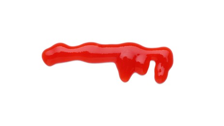 Photo of Tasty ketchup smear isolated on white, top view. Tomato sauce