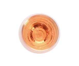 Glass of rose champagne on white background, top view