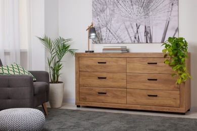 Photo of Wooden chest of drawers in modern living room interior