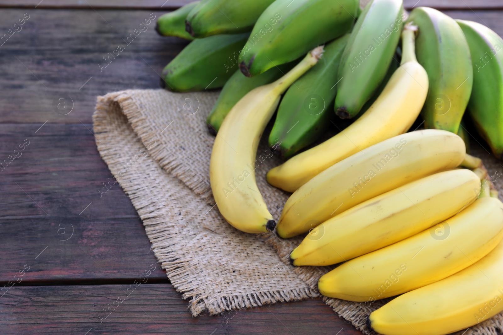 Photo of Different sorts of bananas on wooden table, space for text