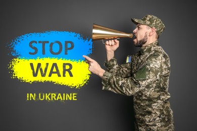 Image of Stop war in Ukraine. Military man with megaphone on grey background