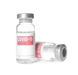 Photo of Vials with vaccine against coronavirus on white background