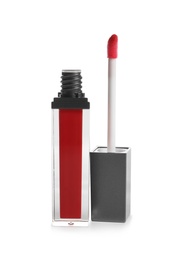 Red liquid lipstick with applicator on white background