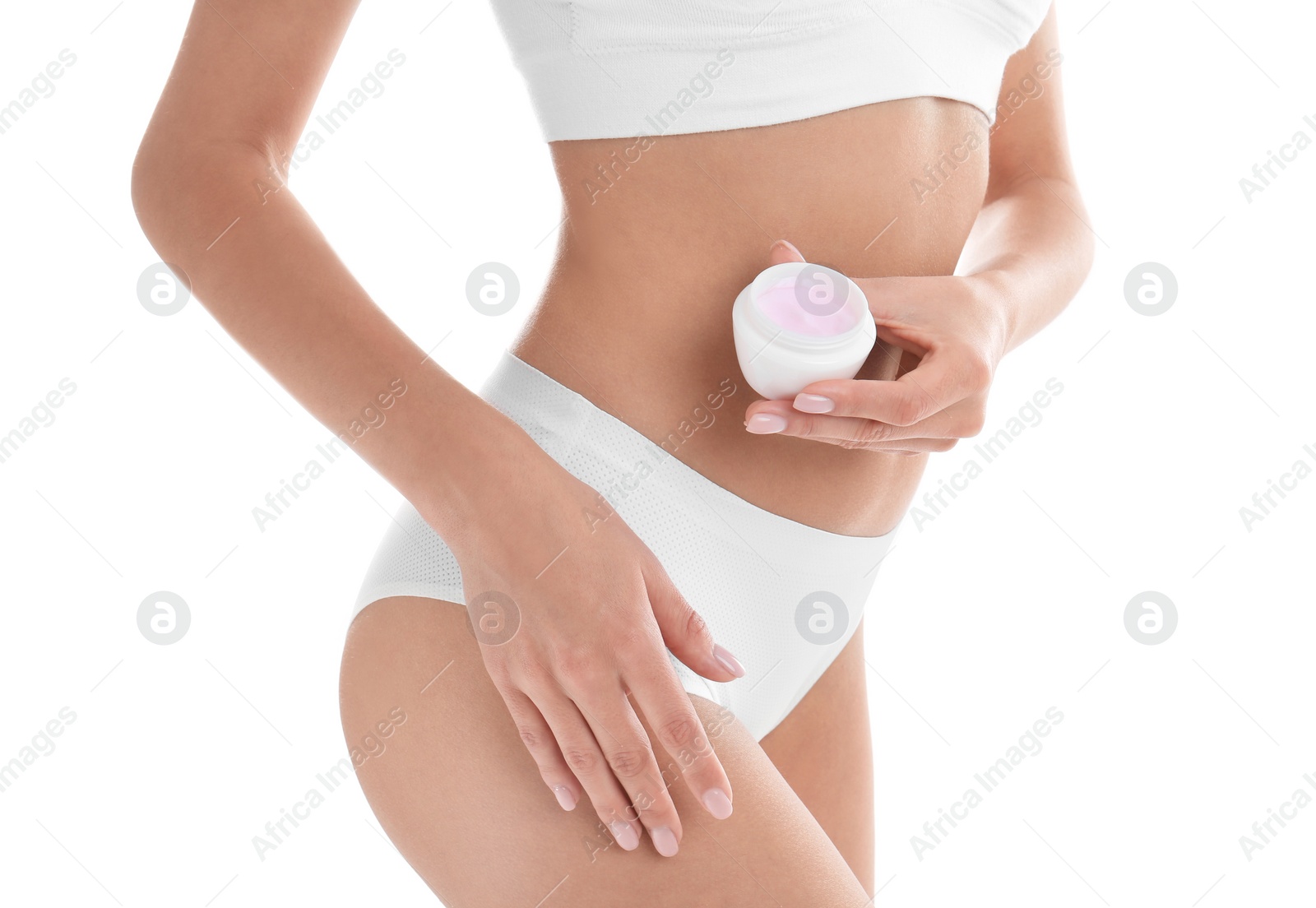 Photo of Young woman with jar of cream on white background, closeup. Beauty and body care