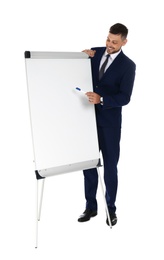 Photo of Professional business trainer near flip chart board on white background. Space for text