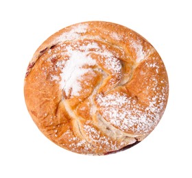 Photo of Delicious roll with jam and powdered sugar isolated on white, top view. Sweet bun