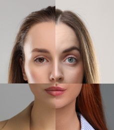 Image of Combined portrait of woman on grey background. Collage with parts of different people's faces
