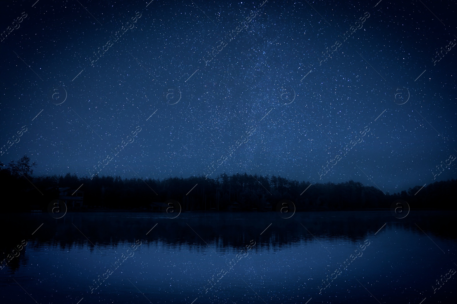 Image of Amazing starry sky and trees reflecting in lake at night