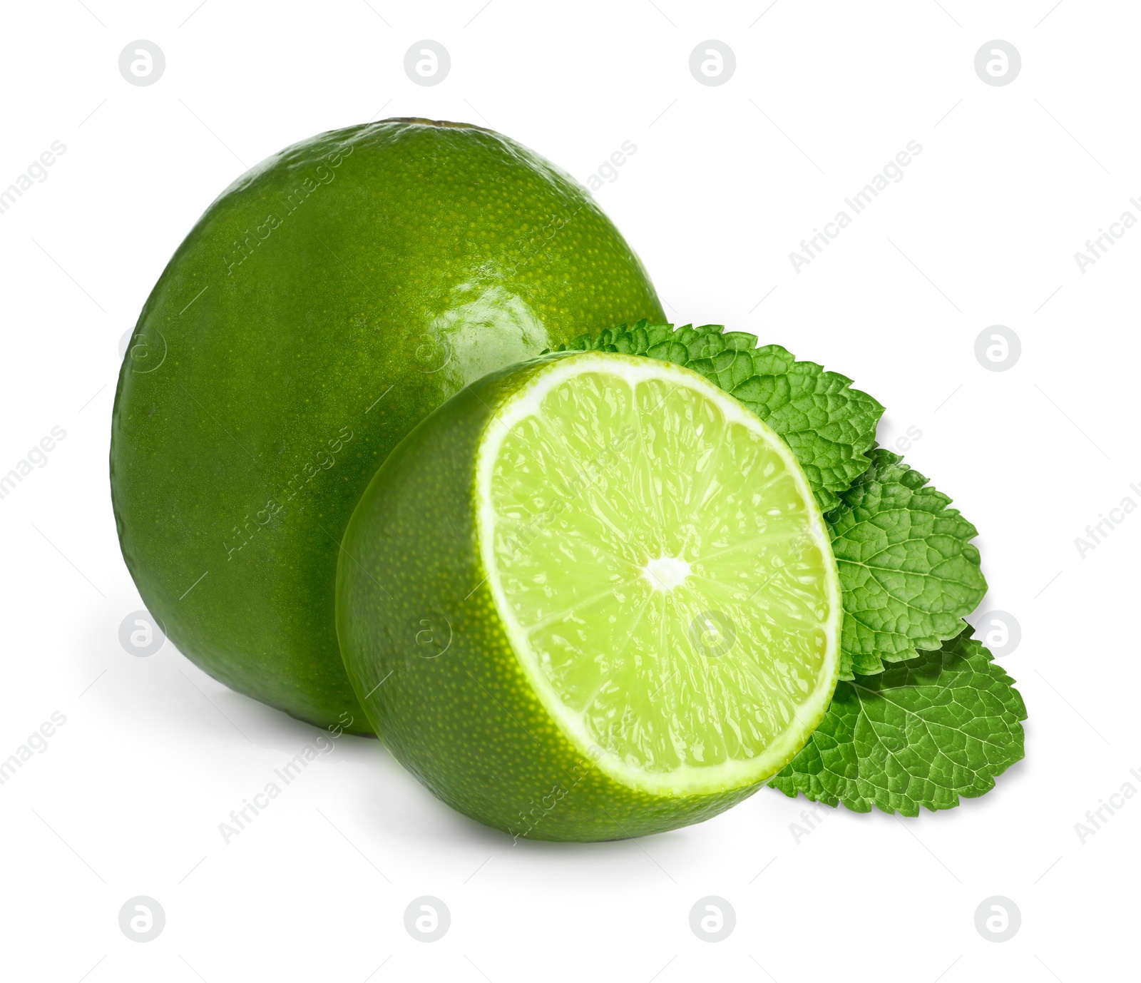 Image of Fresh ripe limes and green mint leaves isolated on white