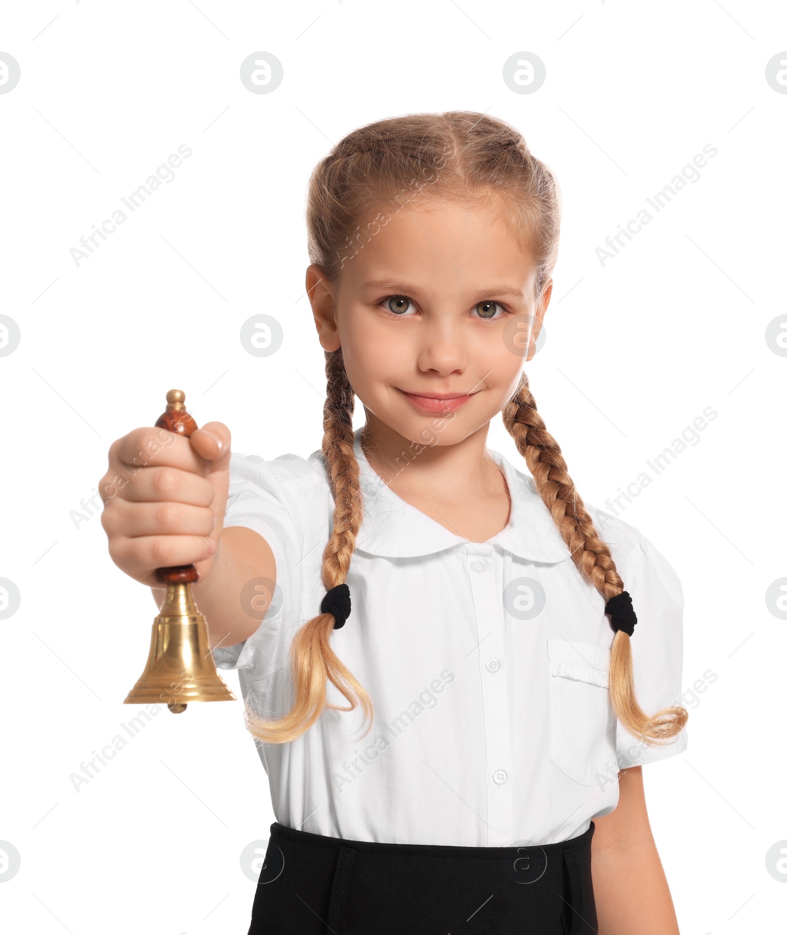 Photo of Pupil with school bell on white background