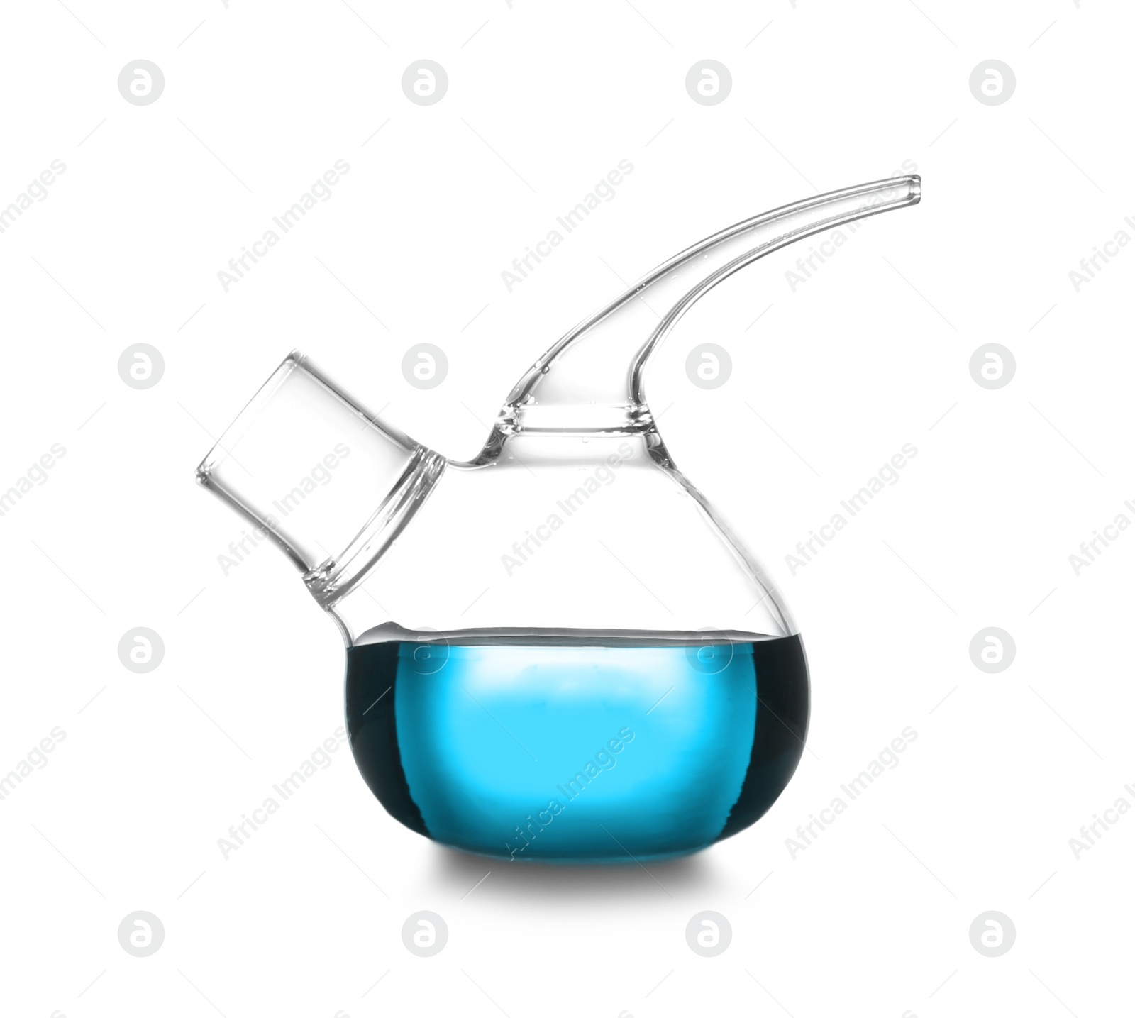 Image of Retort flask with light blue liquid isolated on white. Laboratory glassware