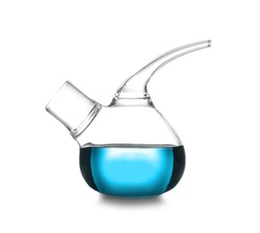 Image of Retort flask with light blue liquid isolated on white. Laboratory glassware