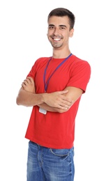 Photo of Portrait of happy young courier on white background