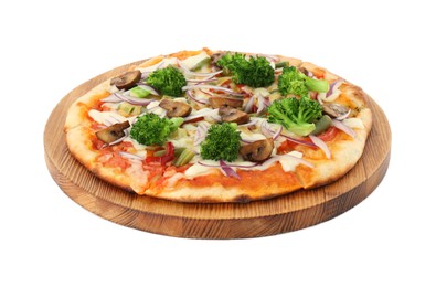 Photo of Delicious vegetarian pizza with mushrooms isolated on white