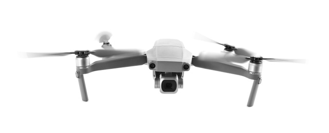 Image of Modern drone flying on white background. Banner design 