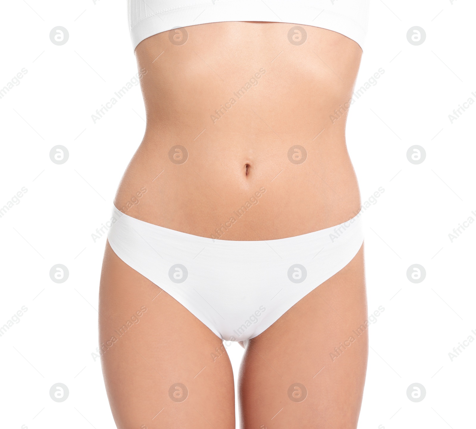 Photo of Slim young woman with smooth gentle skin on white background, closeup. Beauty and body care concept
