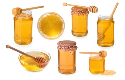 Natural honey, glass jars and dippers isolated on white, set