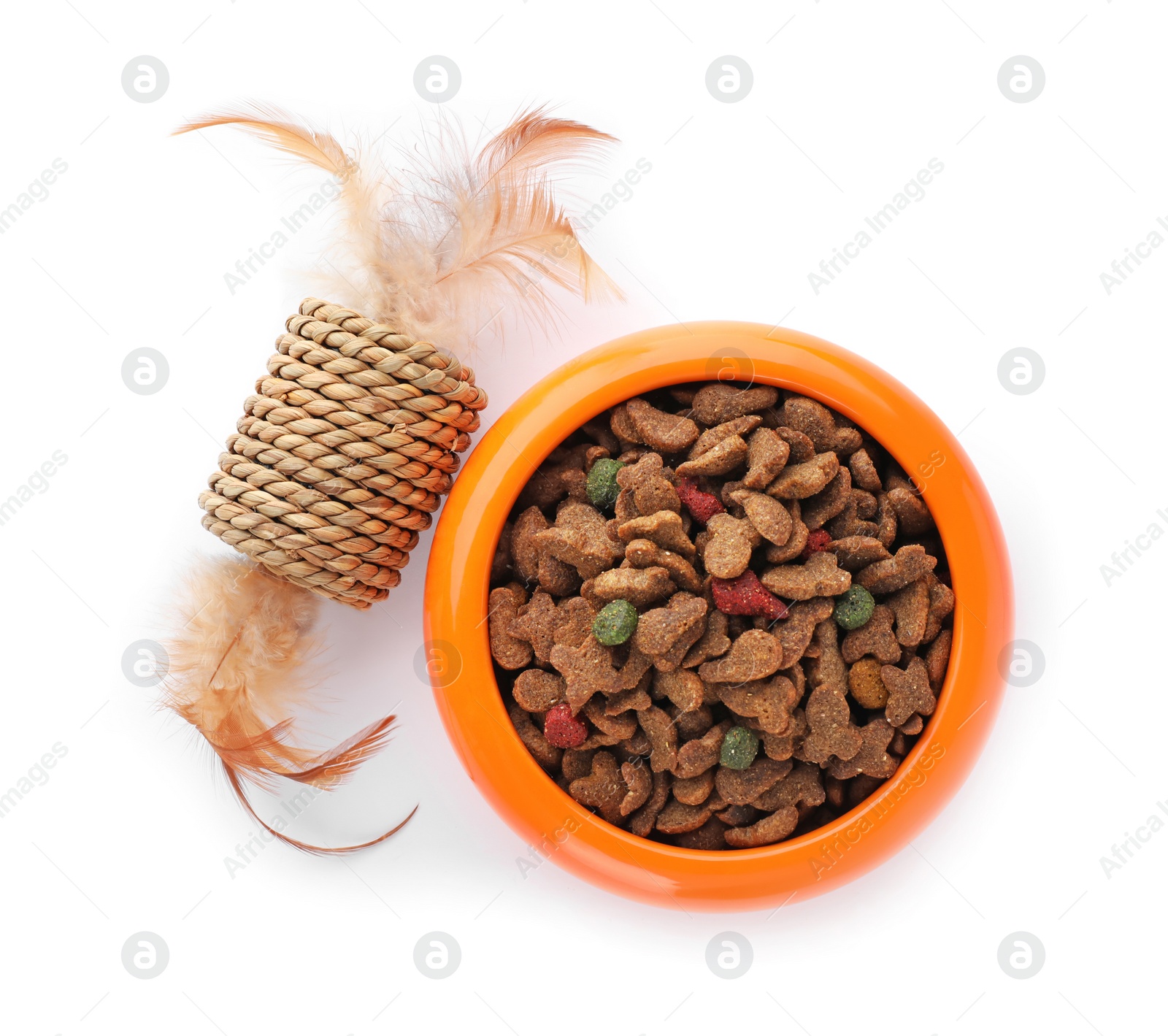 Photo of Toy and food for cat on white background. Pet care