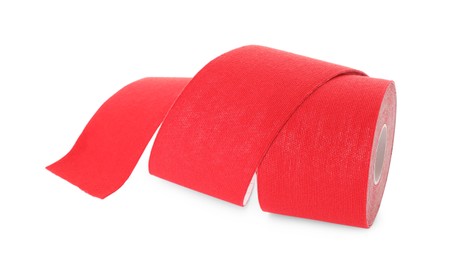 Photo of Red kinesio tape in roll on white background