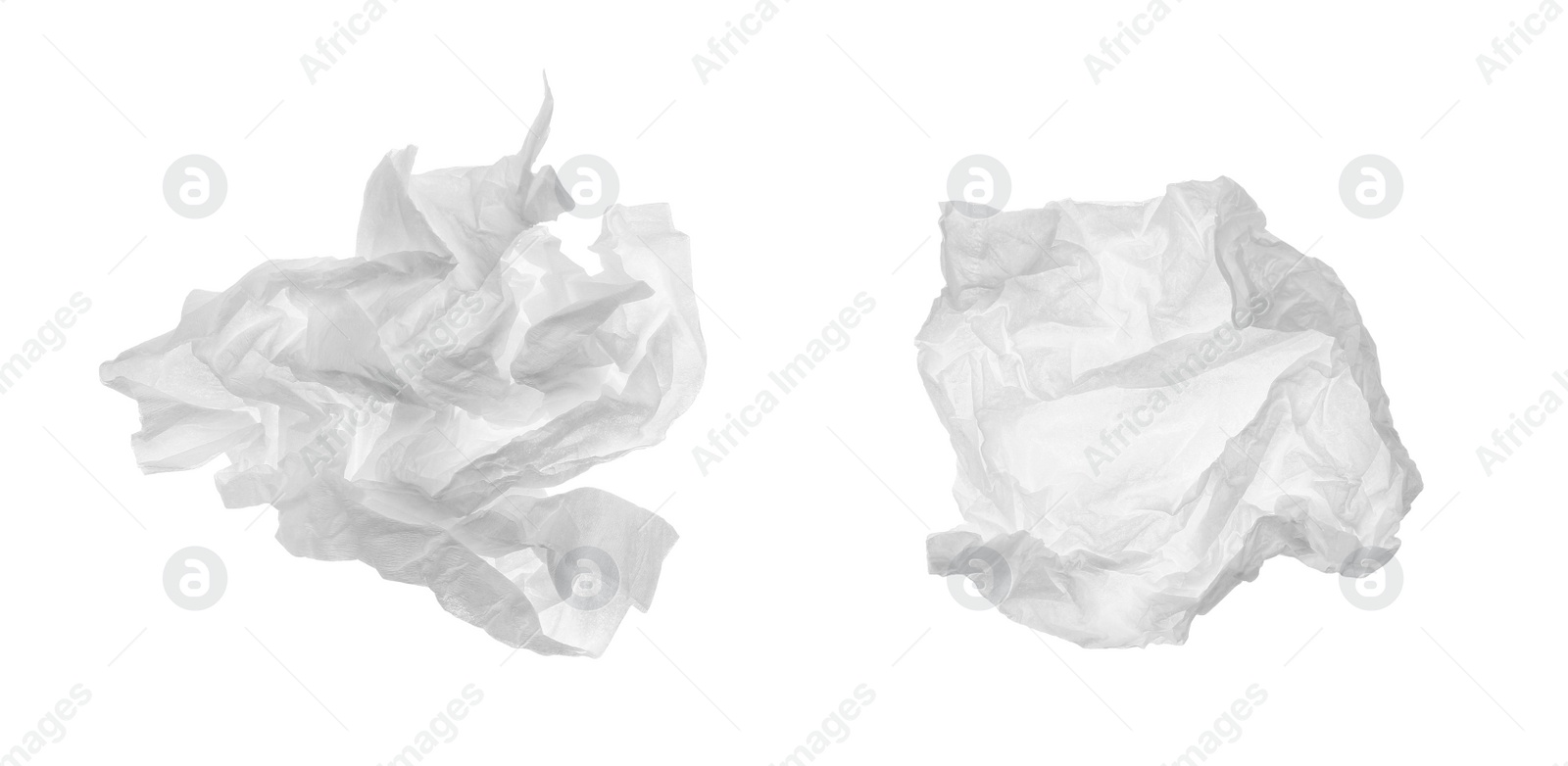 Image of Used crumpled paper tissues on white background. Banner design