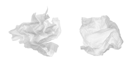 Image of Used crumpled paper tissues on white background. Banner design