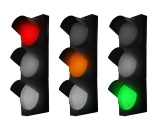 Image of Collage of traffic signal with different glowing lights (red, orange, green) isolated on white