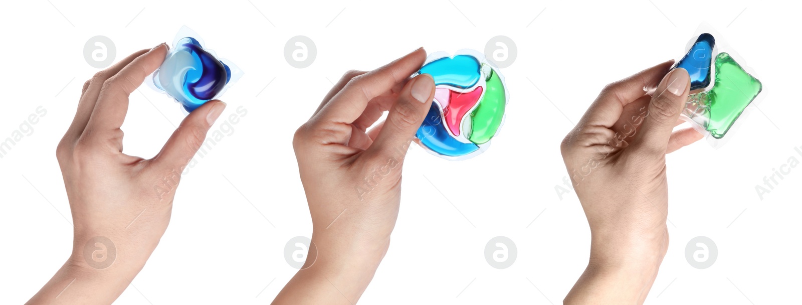 Image of Women with laundry capsules on white background, banner design. Detergent pods