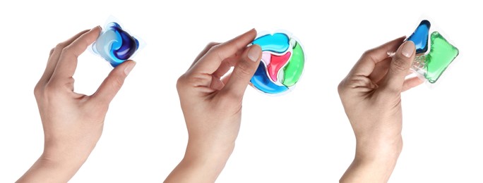 Image of Women with laundry capsules on white background, banner design. Detergent pods