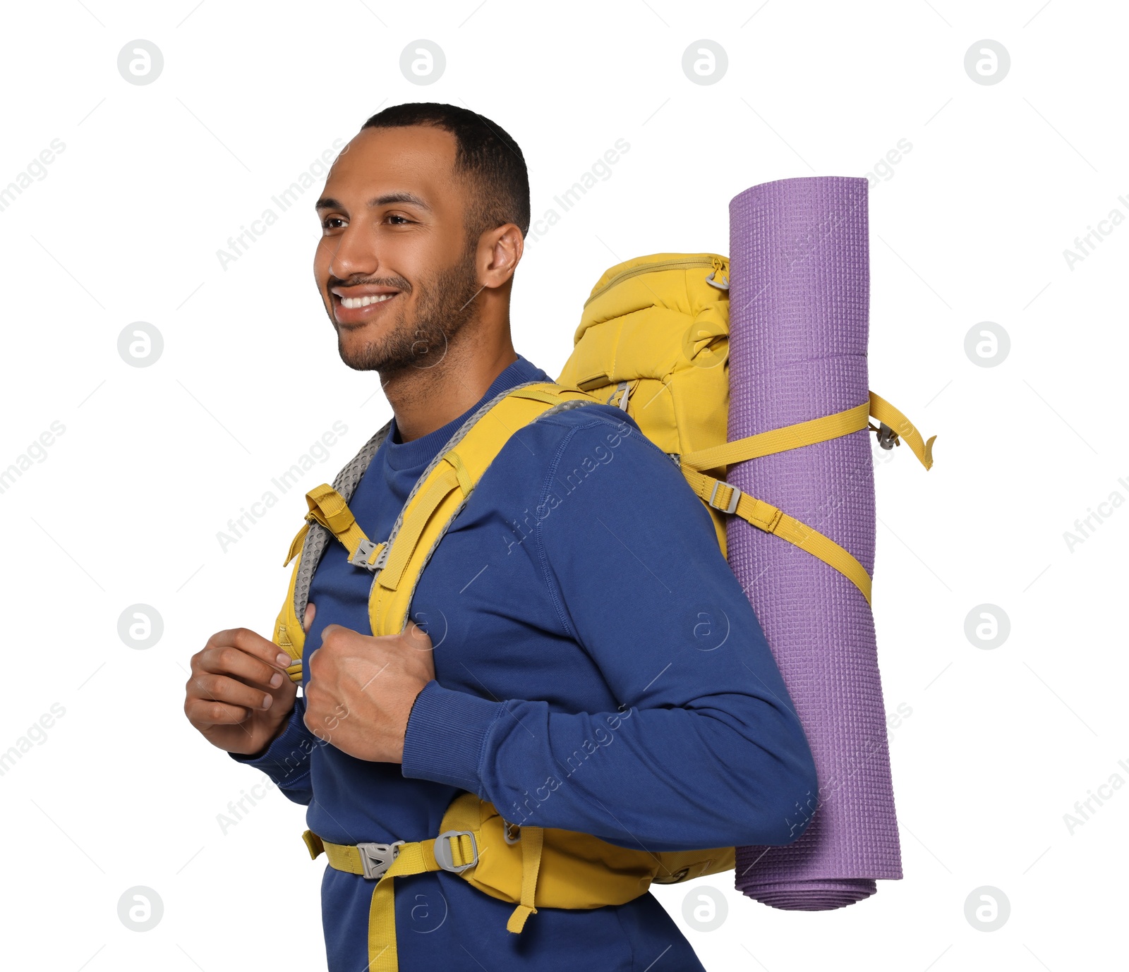 Photo of Happy tourist with backpack on white background