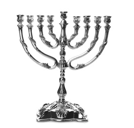 Photo of Beautiful silver hanukkah menorah on white background