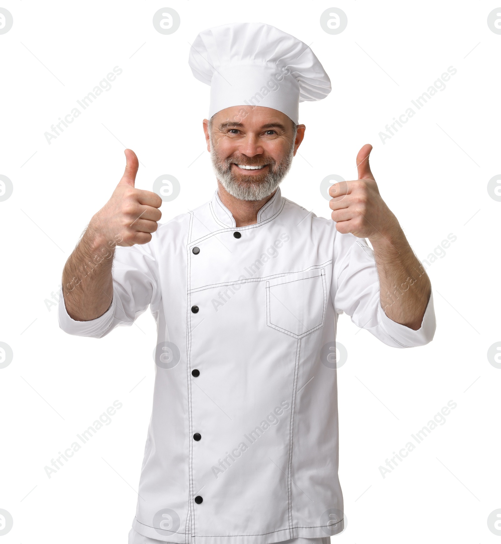 Photo of Happy chef in uniform showing thumbs up on white background