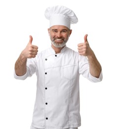 Photo of Happy chef in uniform showing thumbs up on white background