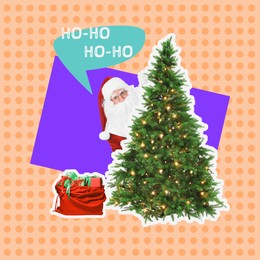 Creative collage. Santa Claus hiding behind Christmas tree against color background