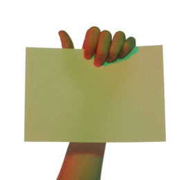 Photo of Man holding sheet of paper on white background, closeup and space for text. Color tone effect