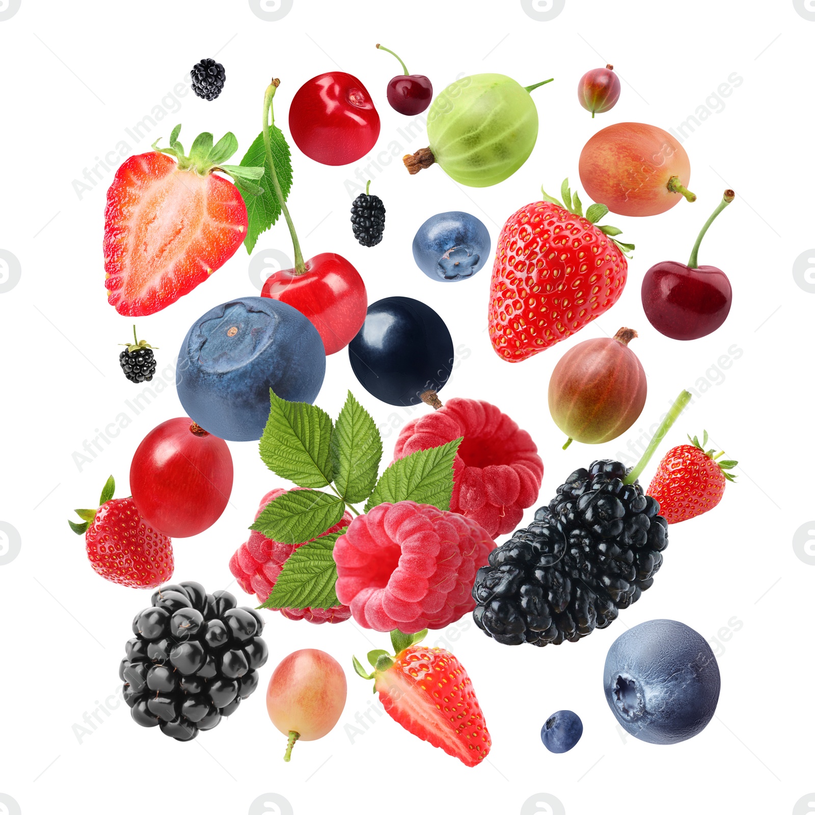 Image of Many different fresh berries falling on white background