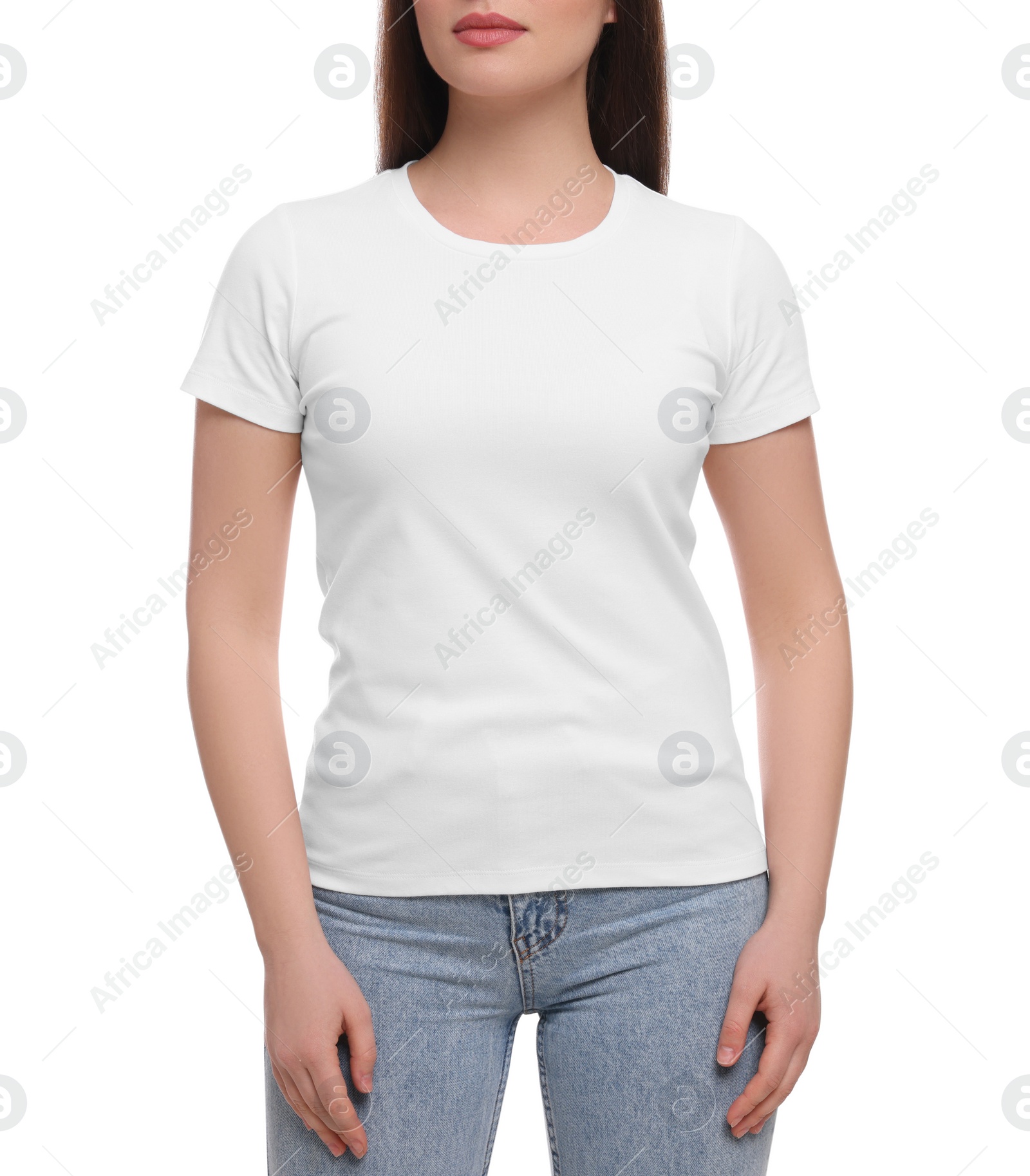 Photo of Woman wearing stylish T-shirt on white background, closeup