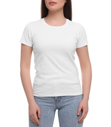 Photo of Woman wearing stylish T-shirt on white background, closeup