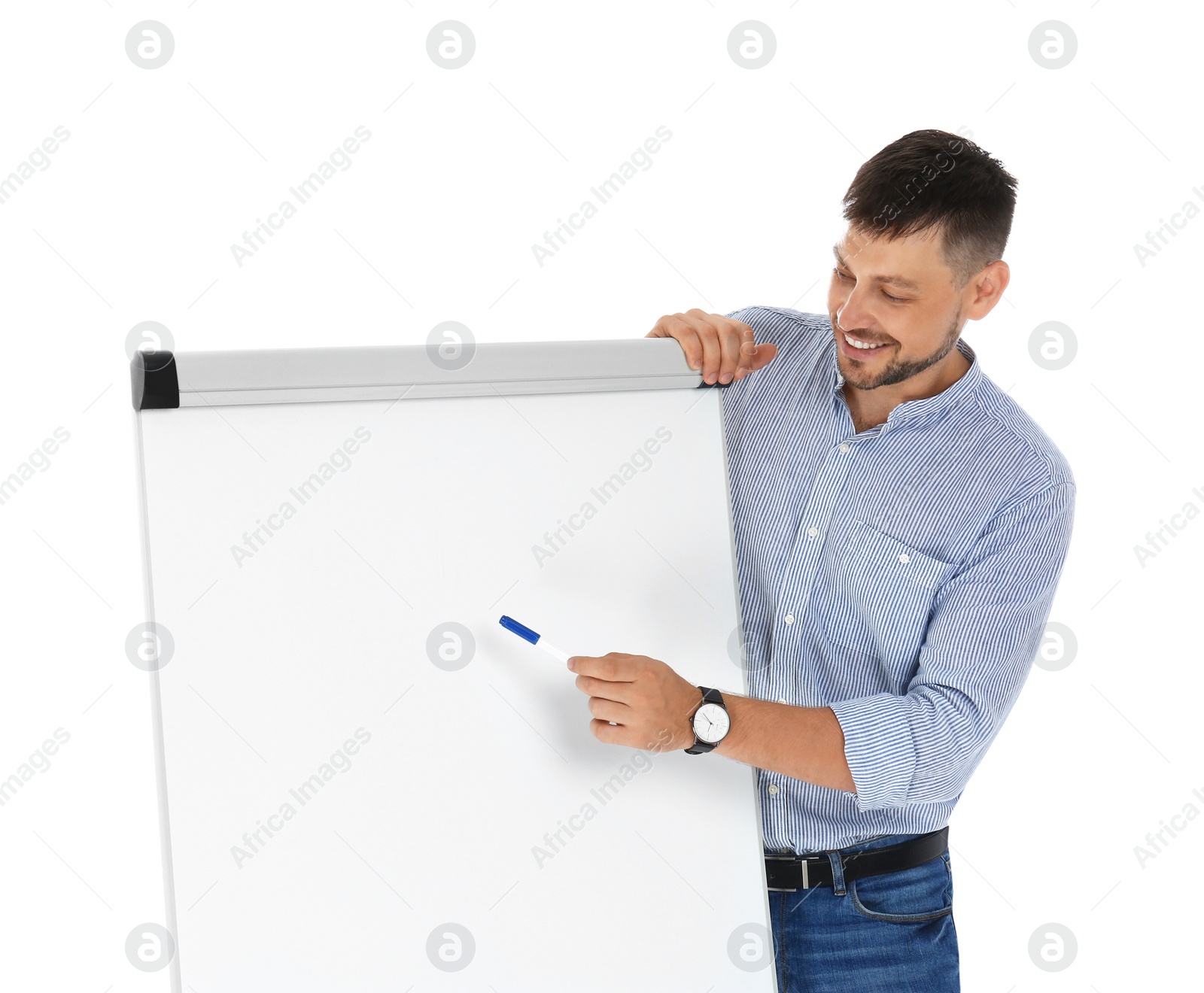 Photo of Professional business trainer near flip chart board on white background. Space for text