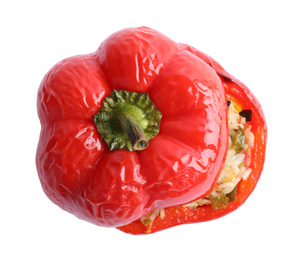 Photo of Tasty stuffed bell pepper isolated on white, top view