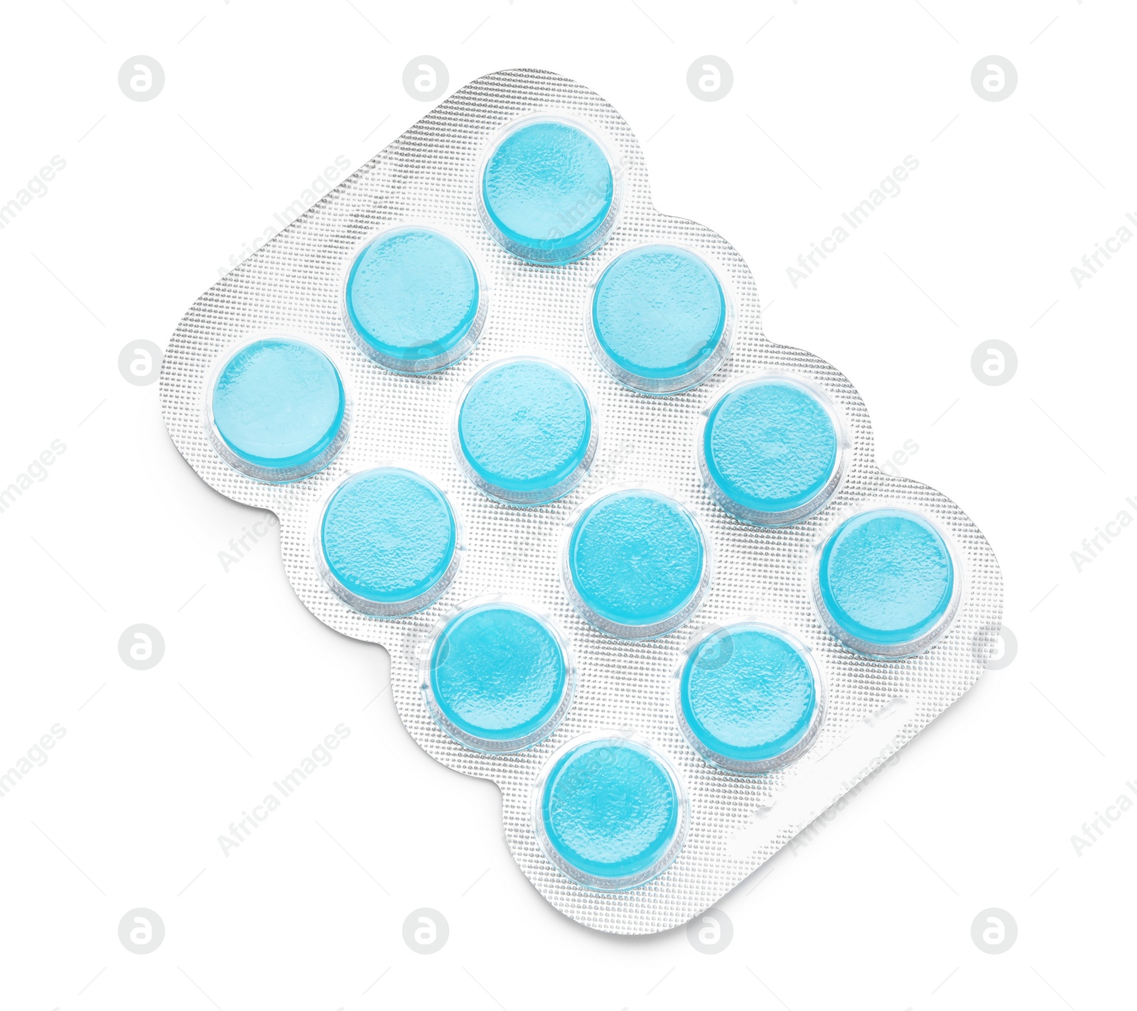 Photo of Blister with blue cough drops isolated on white, top view