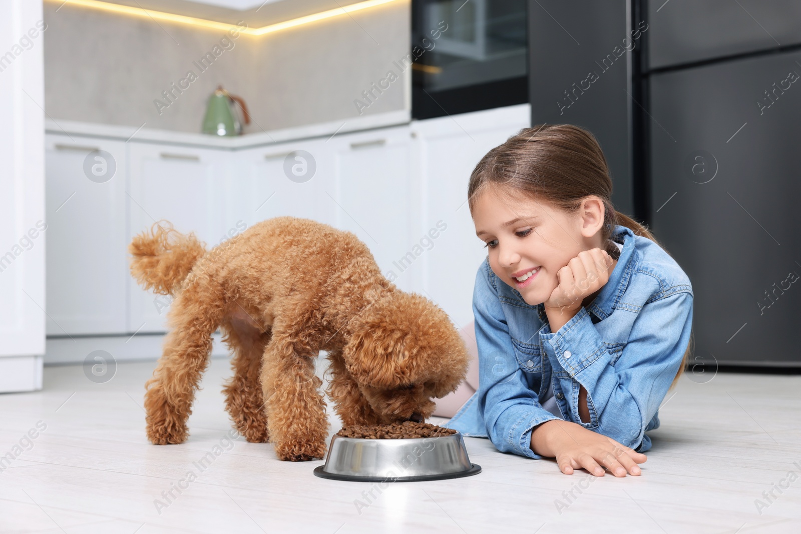 Photo of Little child feeding cute puppy in kitchen. Lovely pet