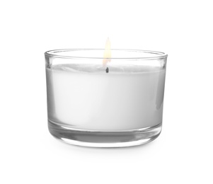 Wax candle in glass holder on white background