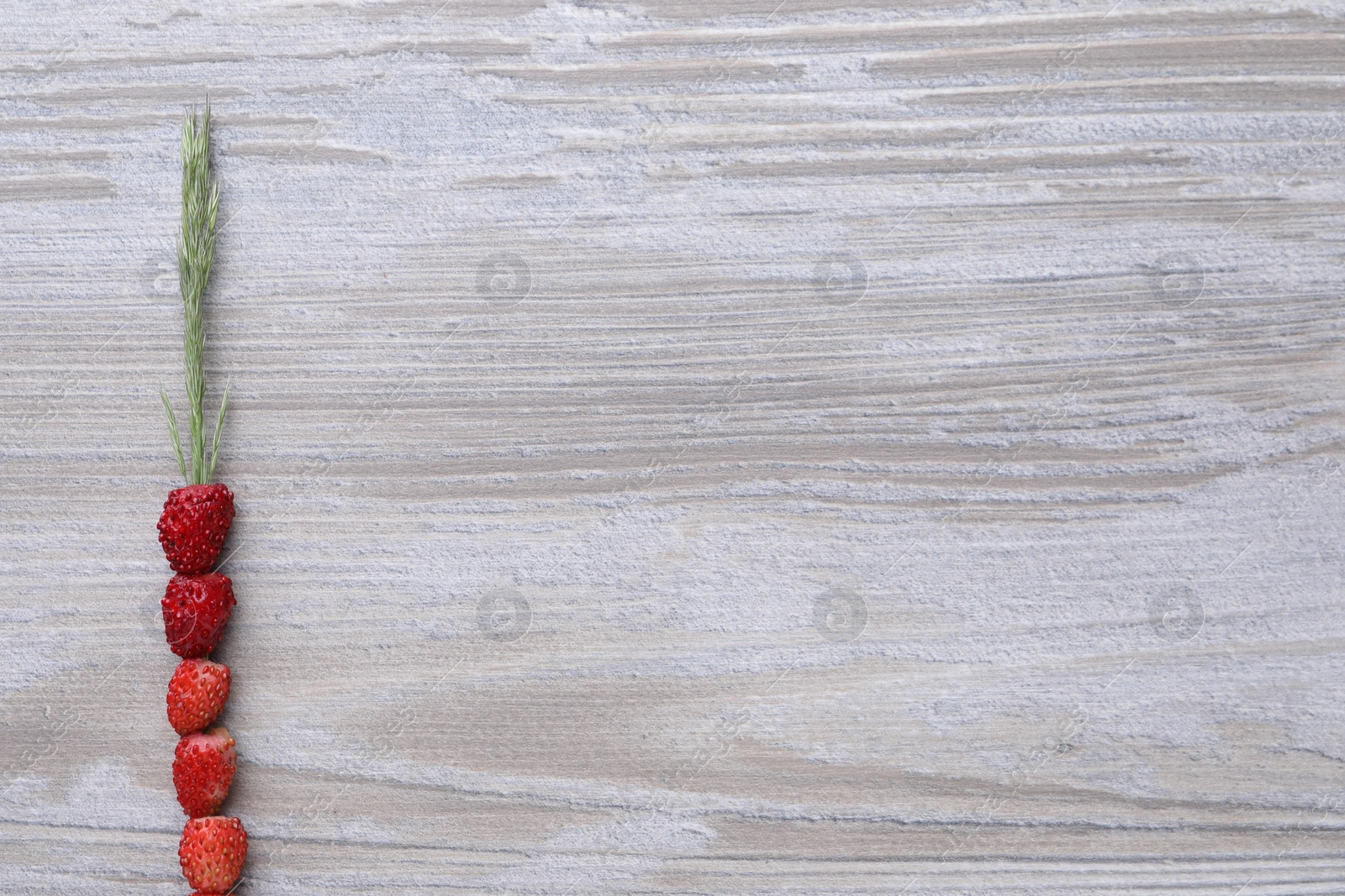 Photo of Grass stem with wild strawberries on white wooden table, top view. Space for text