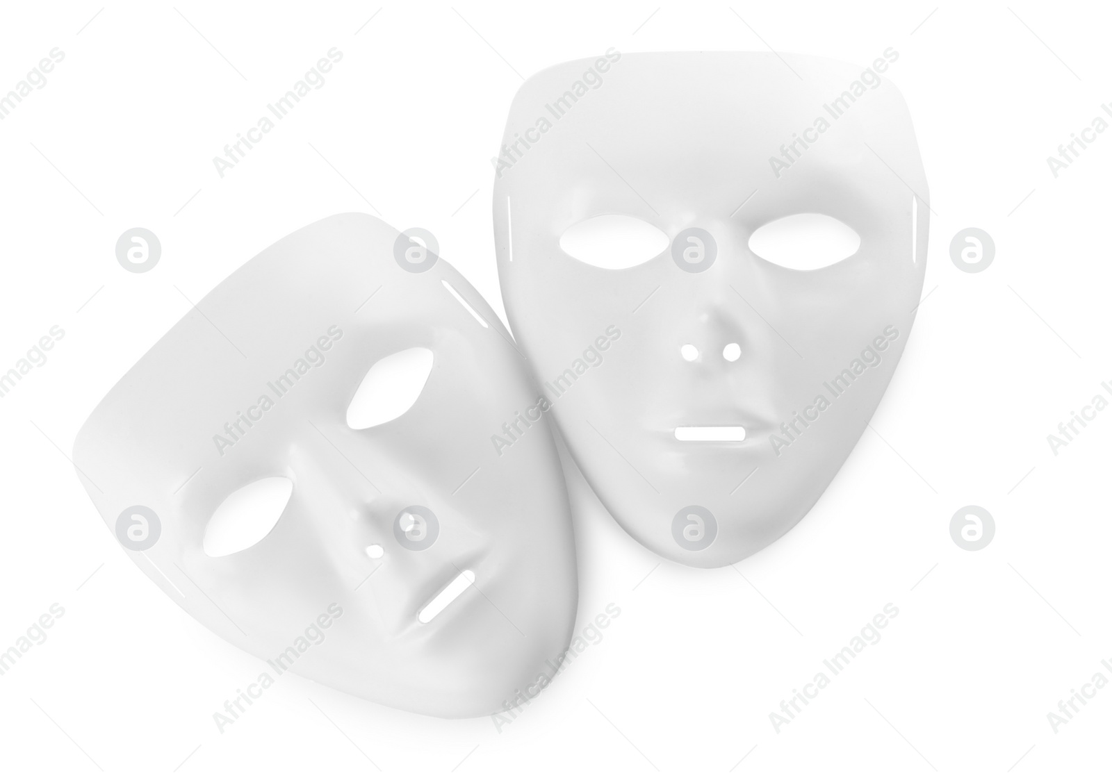 Photo of Theatre masks on white background, top view