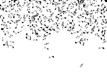 Illustration of Many music notes and treble clefs falling on white background