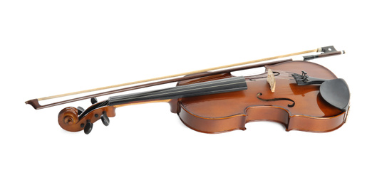 Beautiful classic violin and bow on white background. Musical instrument