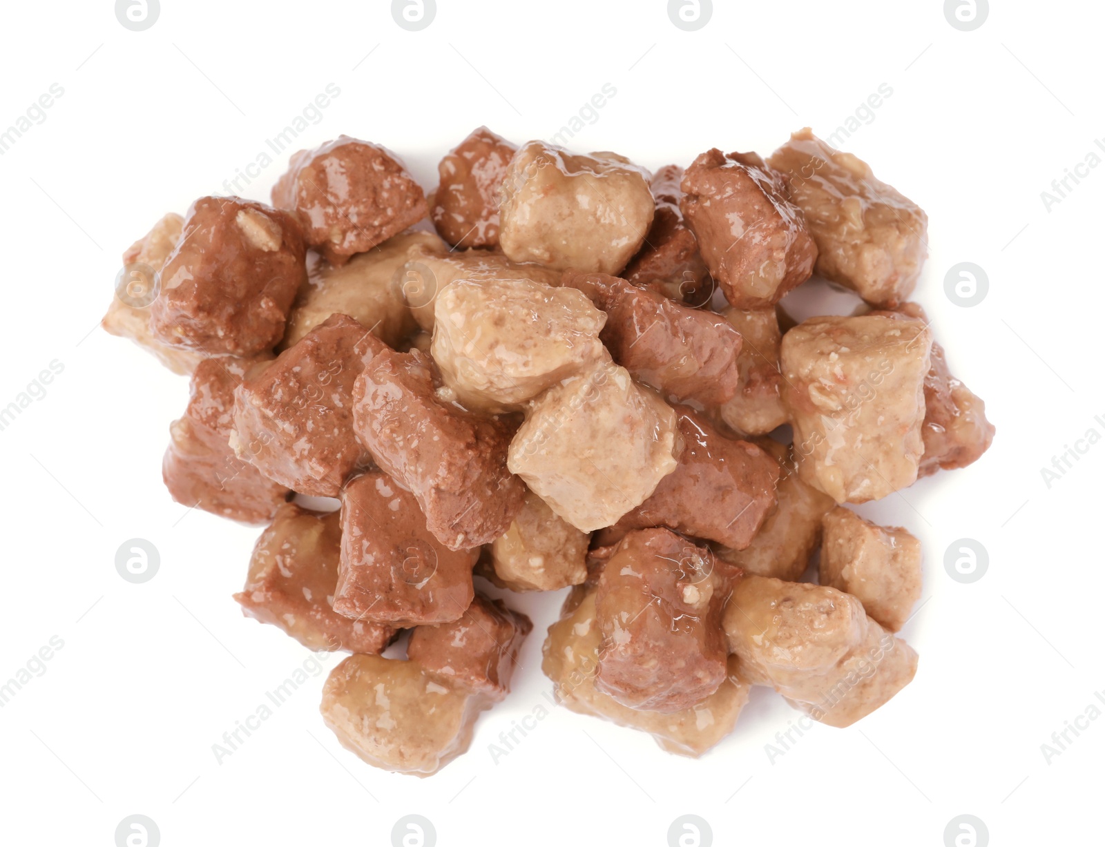 Photo of Pile of wet pet food isolated on white, top view