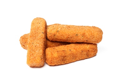 Photo of Pile of tasty cheese sticks isolated on white