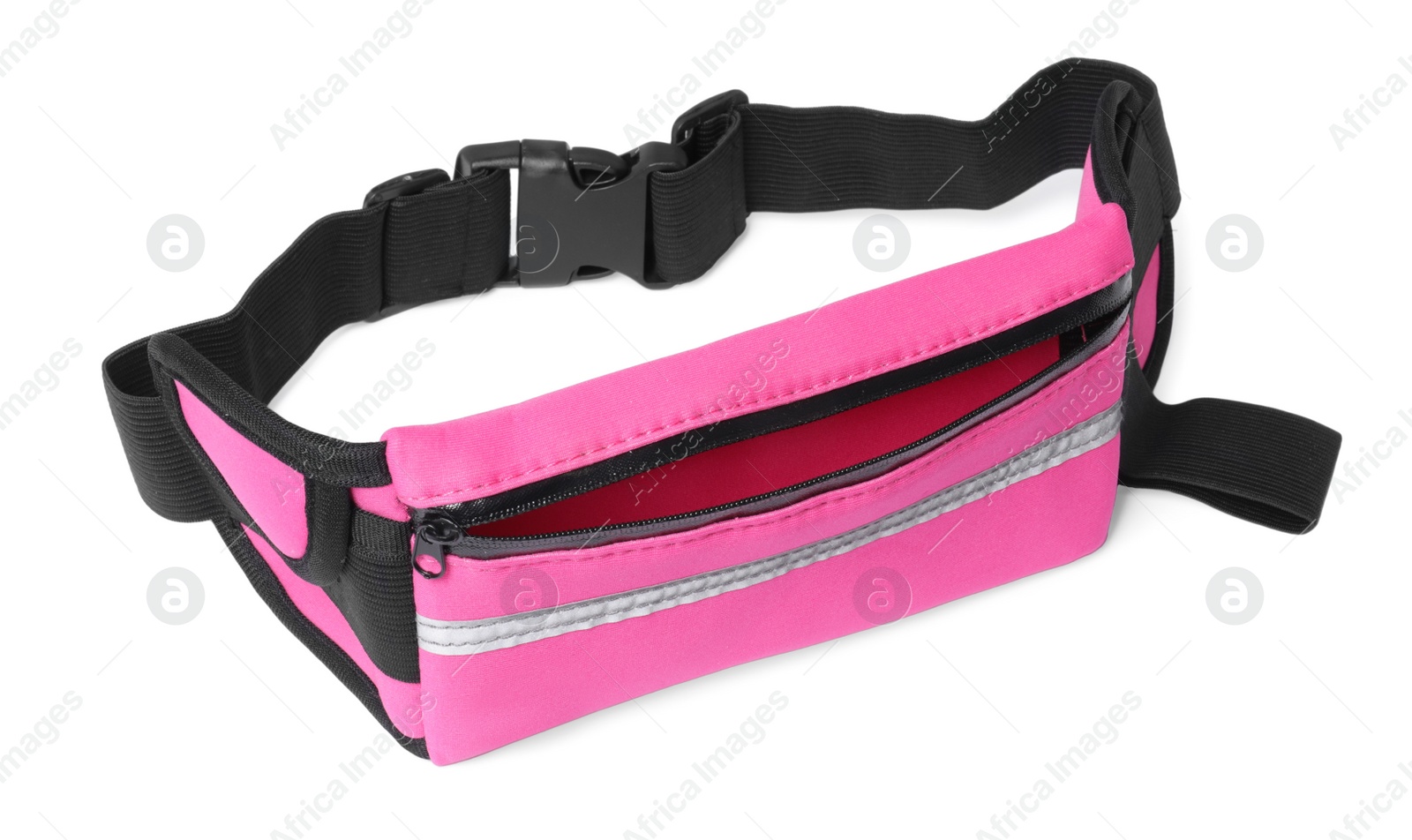 Photo of Stylish pink waist bag on white background