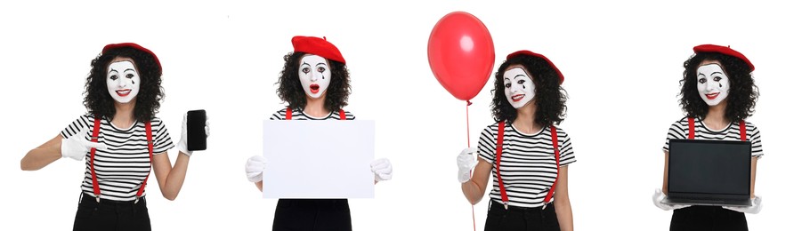 Image of Funny mime on white background, set of photos